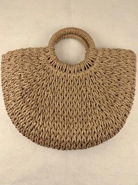 Boho Woven Straw Tote Bag Round Handle Tan Beach Market Purse